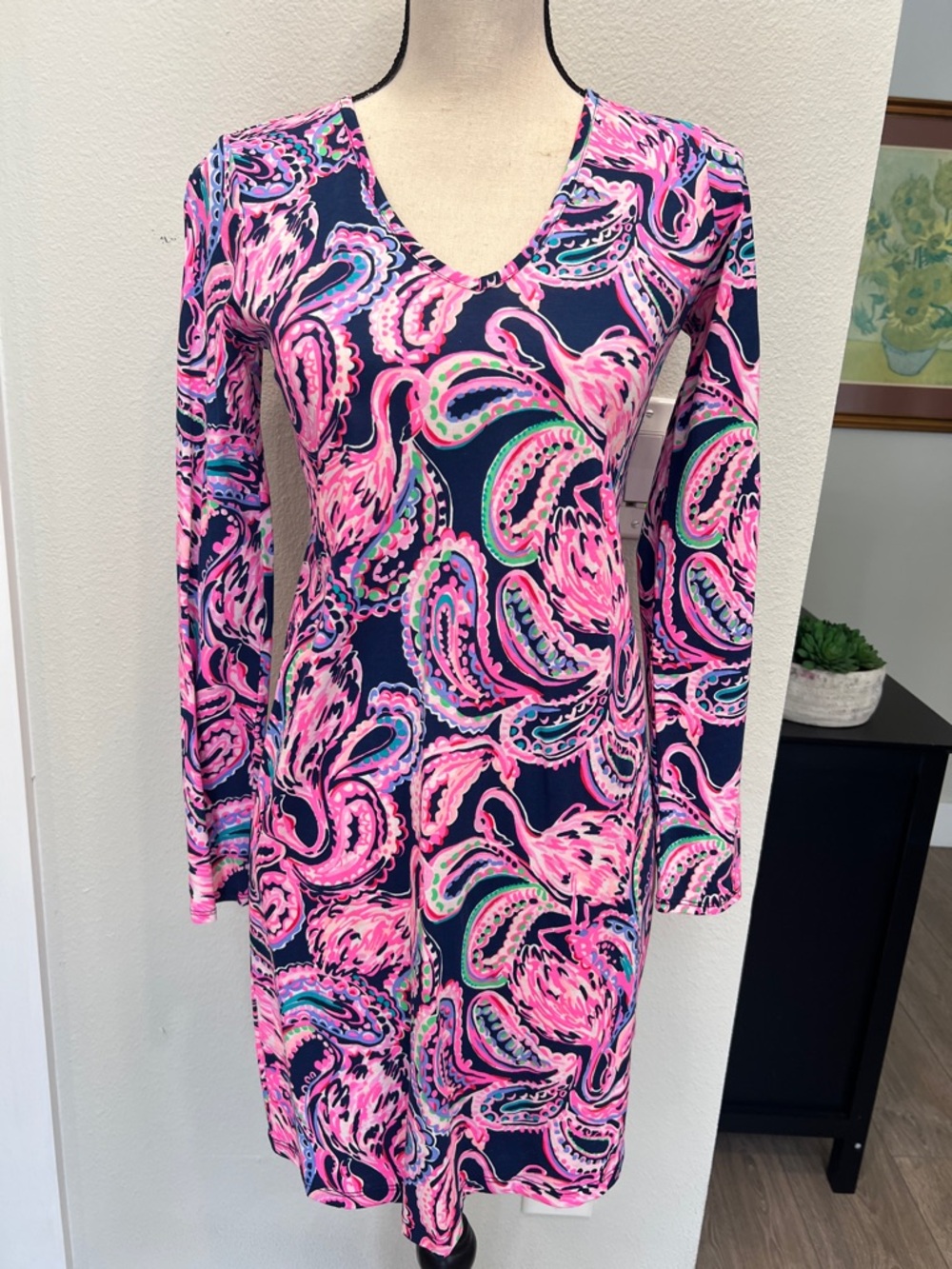 NEW Lilly Pulitzer Etta Dress Womens XXS High Tide Navy Flock flamingos